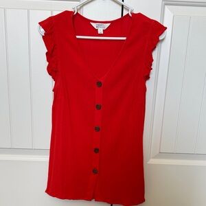 Market & Spruce Bright Red Button-Front Ruffle Sleeve Top